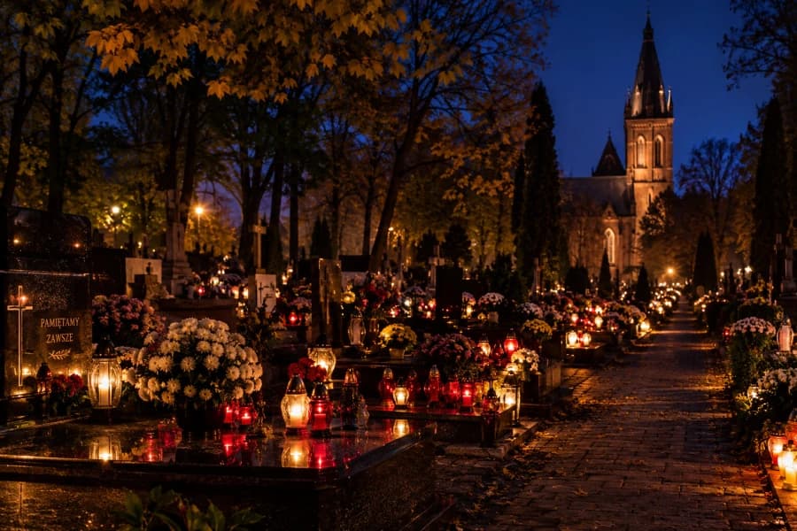 Wszystkich Świętych 2026. Planowane działania Straży Miejskiej (zdjęcie grobów z kwiatami i zniczami nocą)