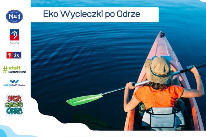Zapraszamy na wyjątkowe wycieczki kajakowe po Odrze Wycieczki kajakowe po Odrze. Grafika informacyjna