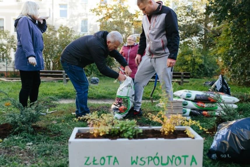 5000 zł na działania sąsiedzkie do wzięcia! Grupa ludzi sadzi rośliny na osiedlowym skwerze.