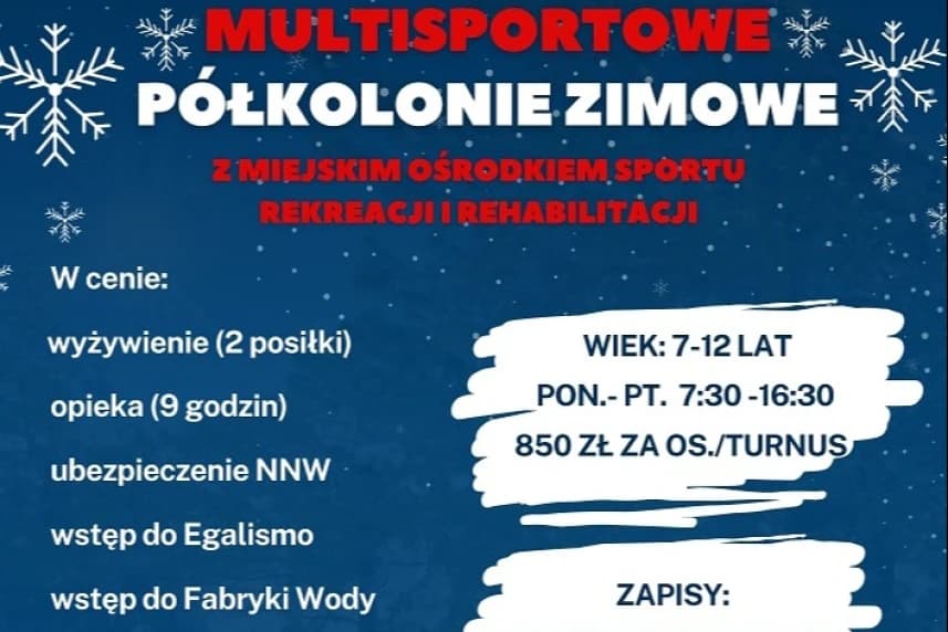 Ostatnie miejsca na półkolonie zimowe z MOSRiR Grafika informacyjna - półkolonie zimowe z MOSRiR
