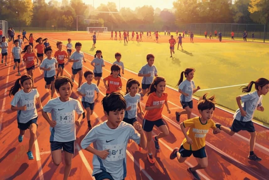 Ruszyła rekrutacja do klas sportowych Duża grupa dzieci biegnących po bieżni stadionu.