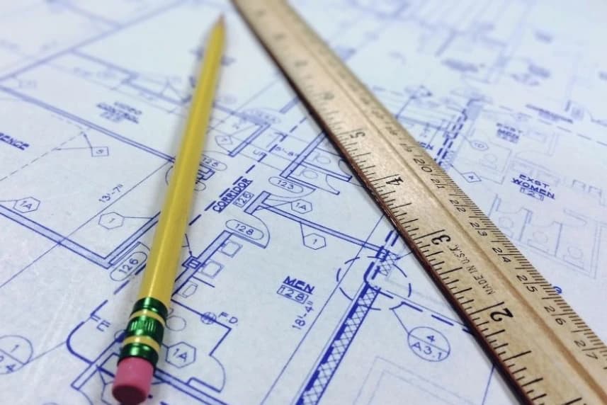 23 koncepcje nowego osiedla w Podjuchach Żółty ołówek i linijka leżące na rysunku technicznym.