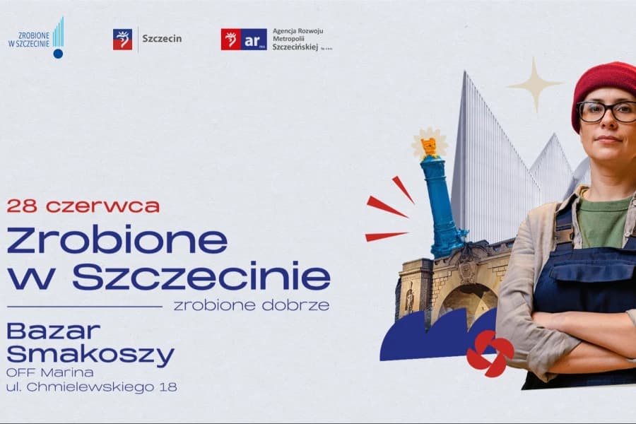 „Zrobione w Szczecinie”. Wakacyjne spotkanie z lokalnymi markami „Zrobione w Szczecinie”. Grafika ilustracyjna