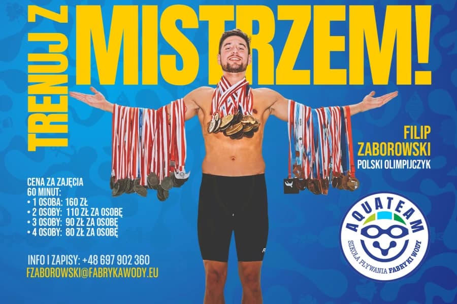 Filip Zaborowski będzie uczył pływać w Fabryce Wody. Aquateam rozszerza ofertę Filip Zaborowski będzie uczył pływać w Fabryce Wody. Grafika ilustracyjna