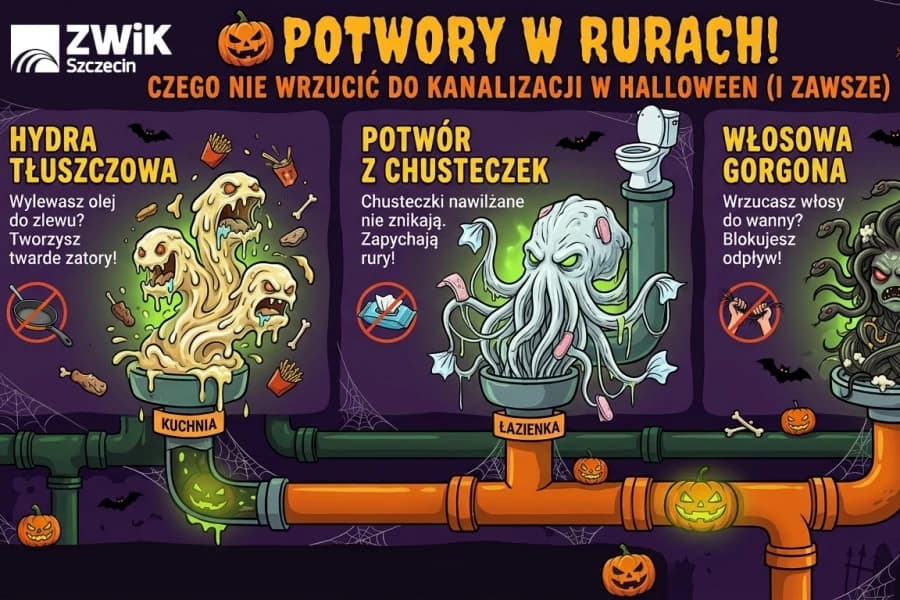 Halloween w kanalizacji. ZWiK Szczecin ostrzega przed trzema potworami, które zatykają rury Grafika „Potwory w kanalizacji” została stworzona przy użyciu AI.